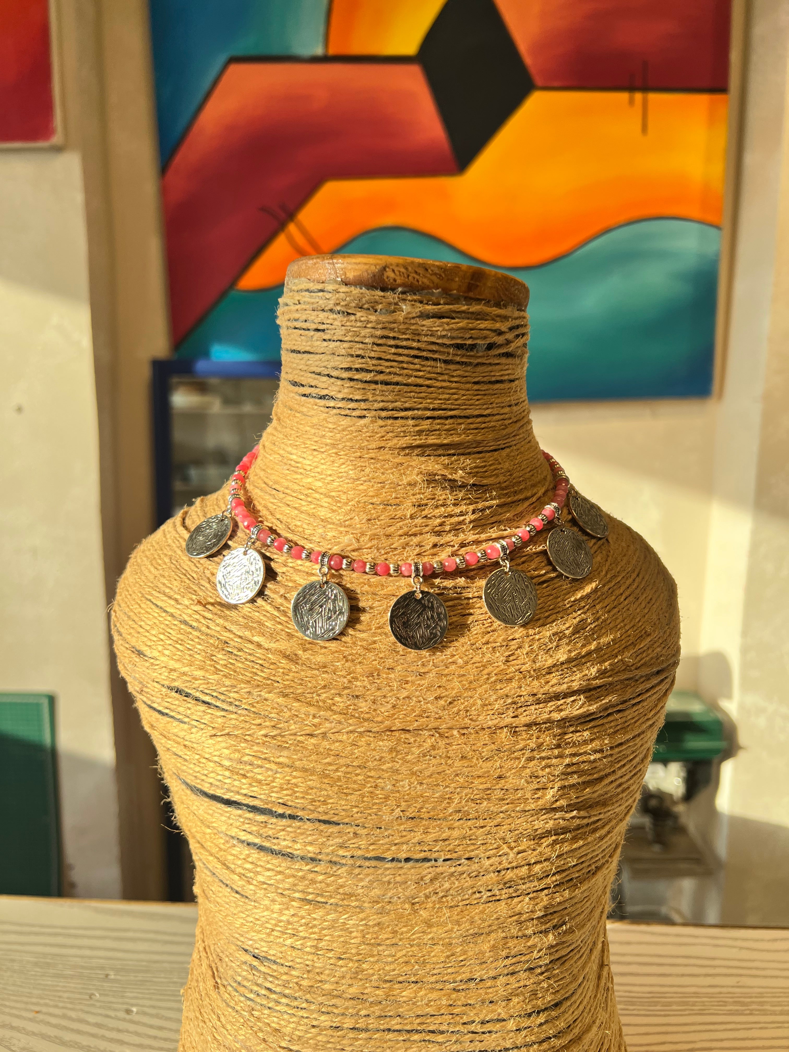 pink agate necklace with silver coins