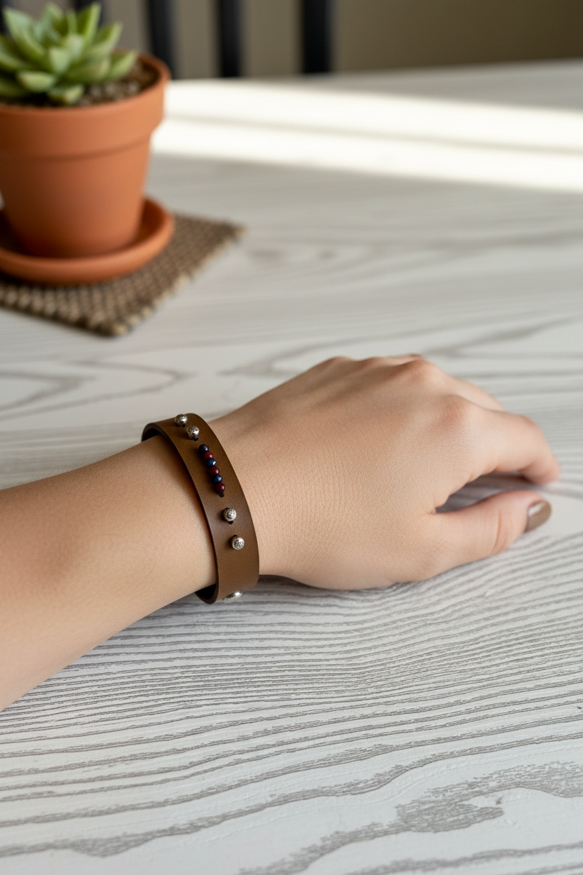 Brown natural leather bracelet with natural stones