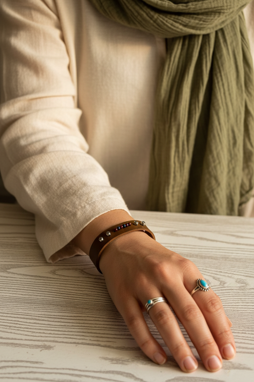 Brown natural leather bracelet with natural stones