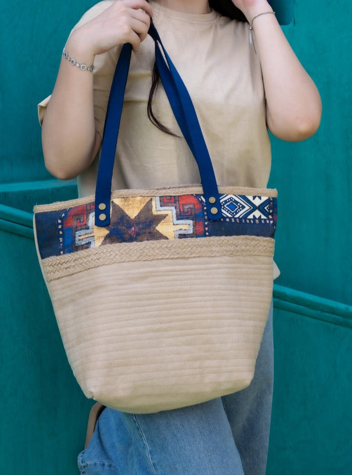 Beige Fabric Handbag With a Blue Pattern