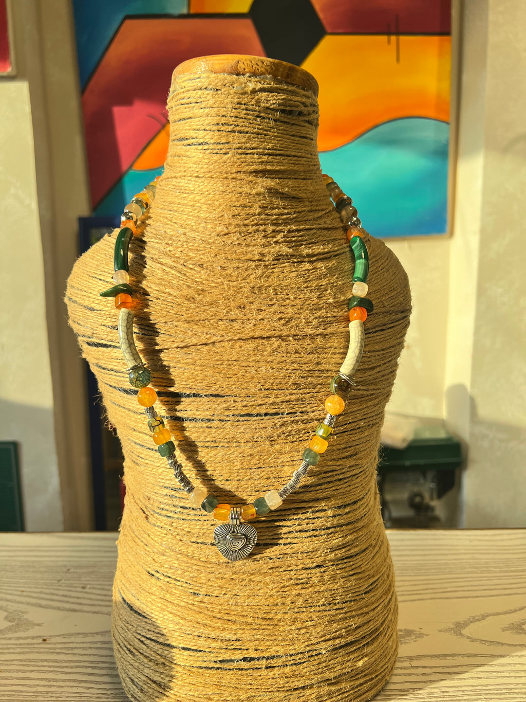 green and orange agate necklace J292