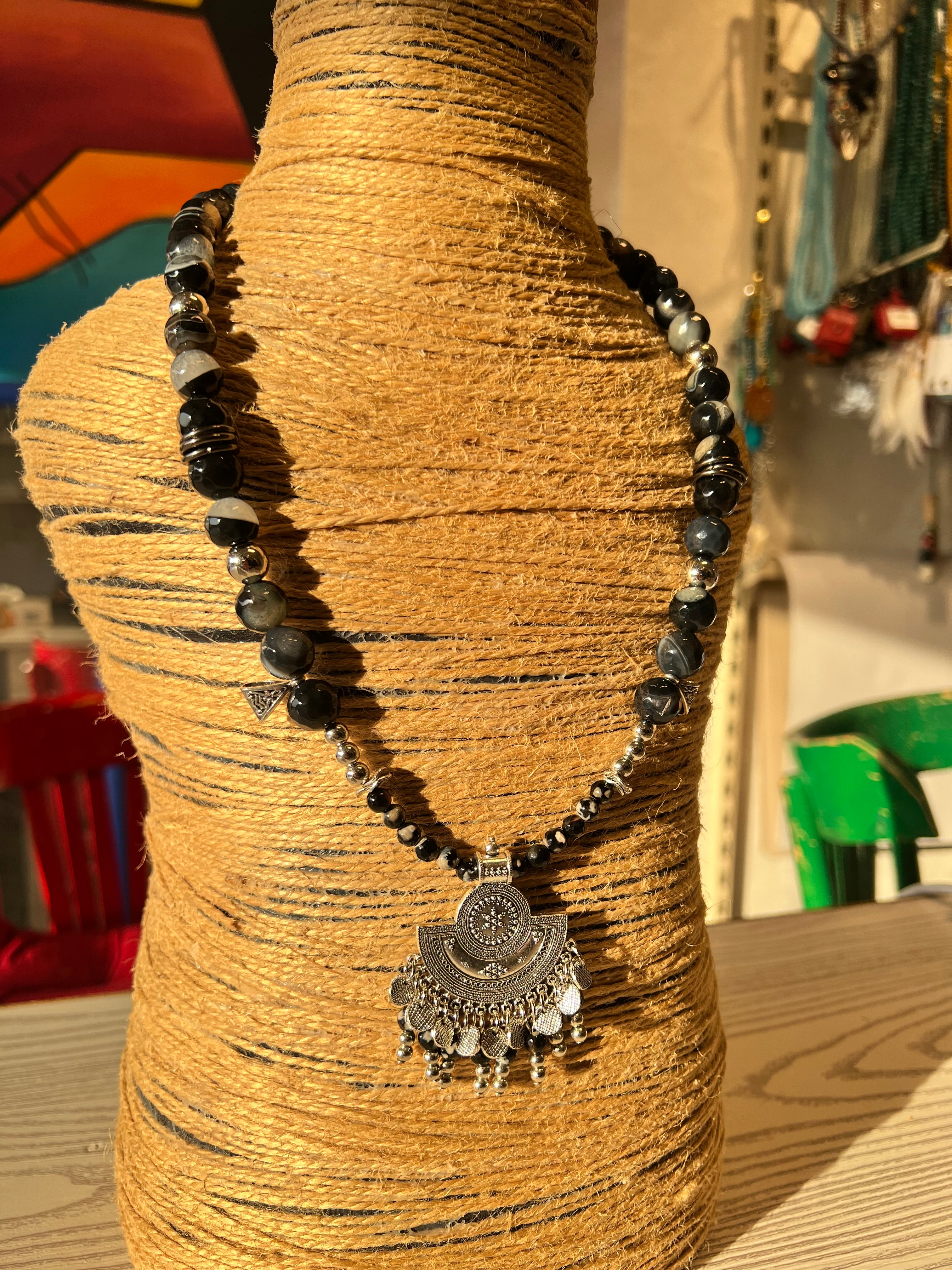 black agate with silver pendant necklace