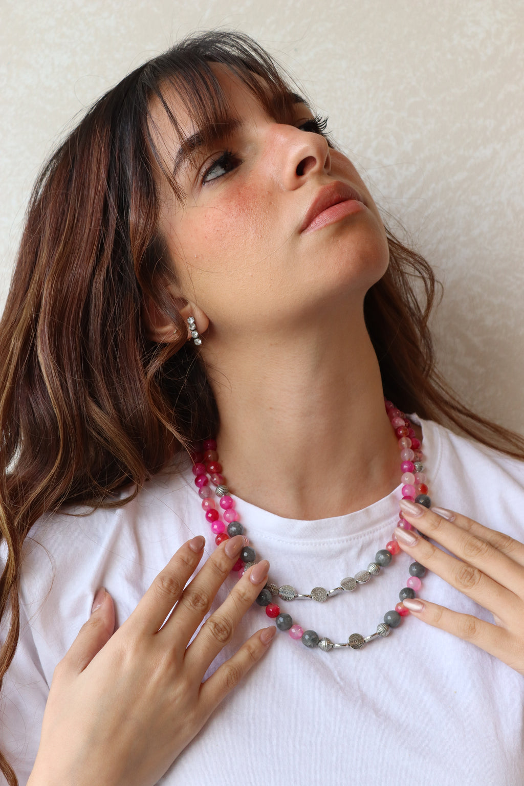 Pink Drops - Layered pink and grey agate stones with silver accents necklace | Handmade jewelry