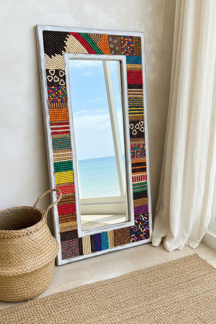 White Large Beaded Statement Mirror 120* 60cm