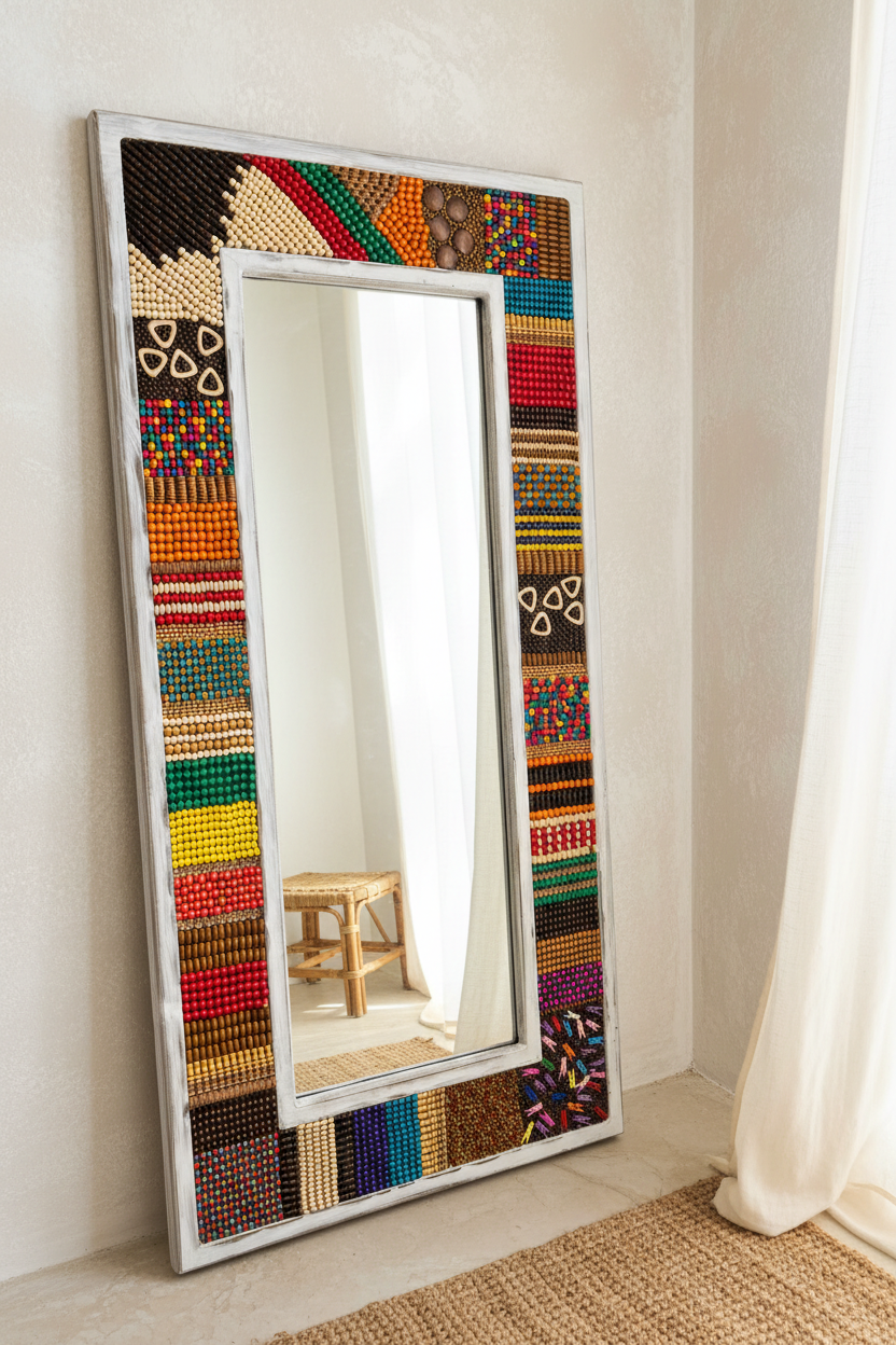 White Large Beaded Statement Mirror 120* 60cm