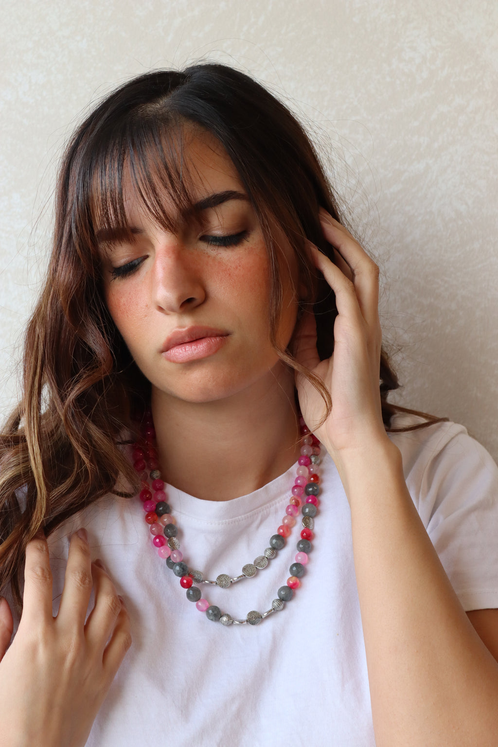 Pink Drops - Layered pink and grey agate stones with silver accents necklace | Handmade jewelry