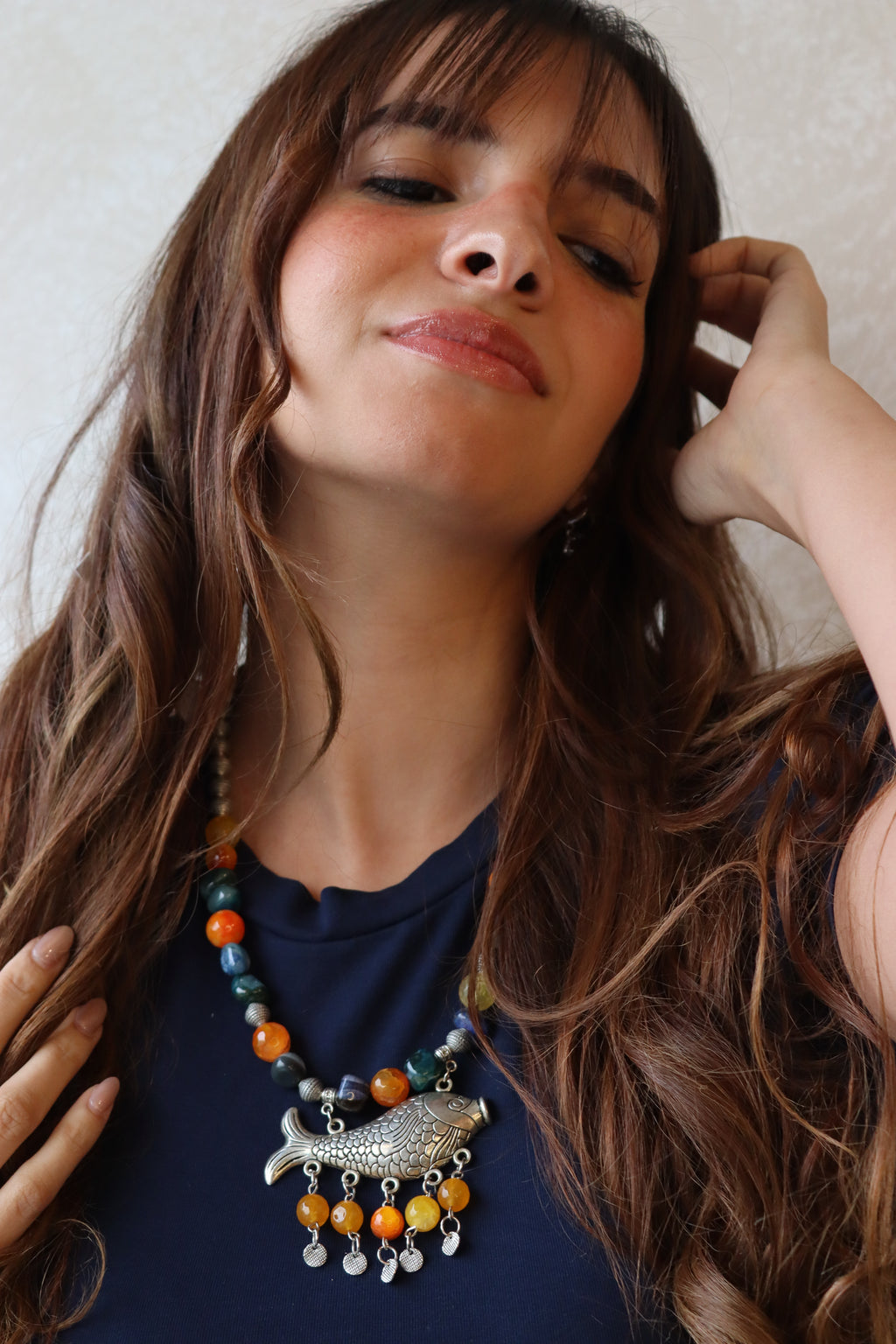 Orange and blue Agate Stones with silver Fish Pendant Necklace  | Handmade jewelry