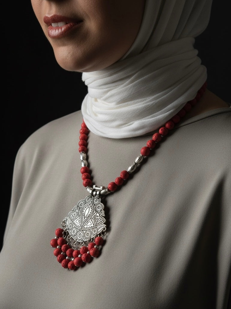 lava in red necklace with silver tone pendant | J250