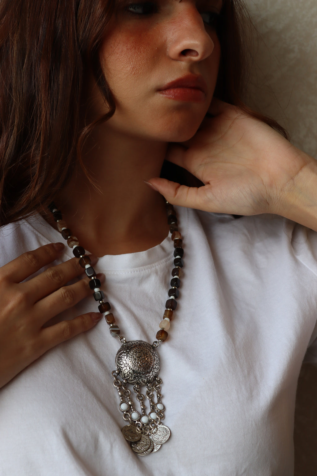 Brown agate heritage coin drop Necklace | Handmade jewelry