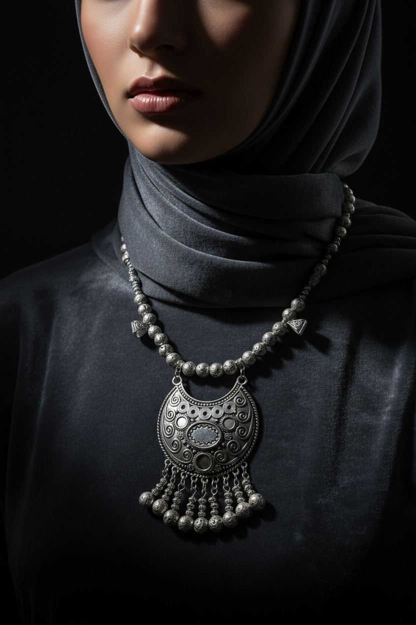 silver lava necklace with silver Tone pendant | J251