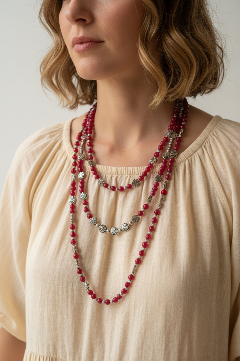 layered pink agate necklace with silver metal