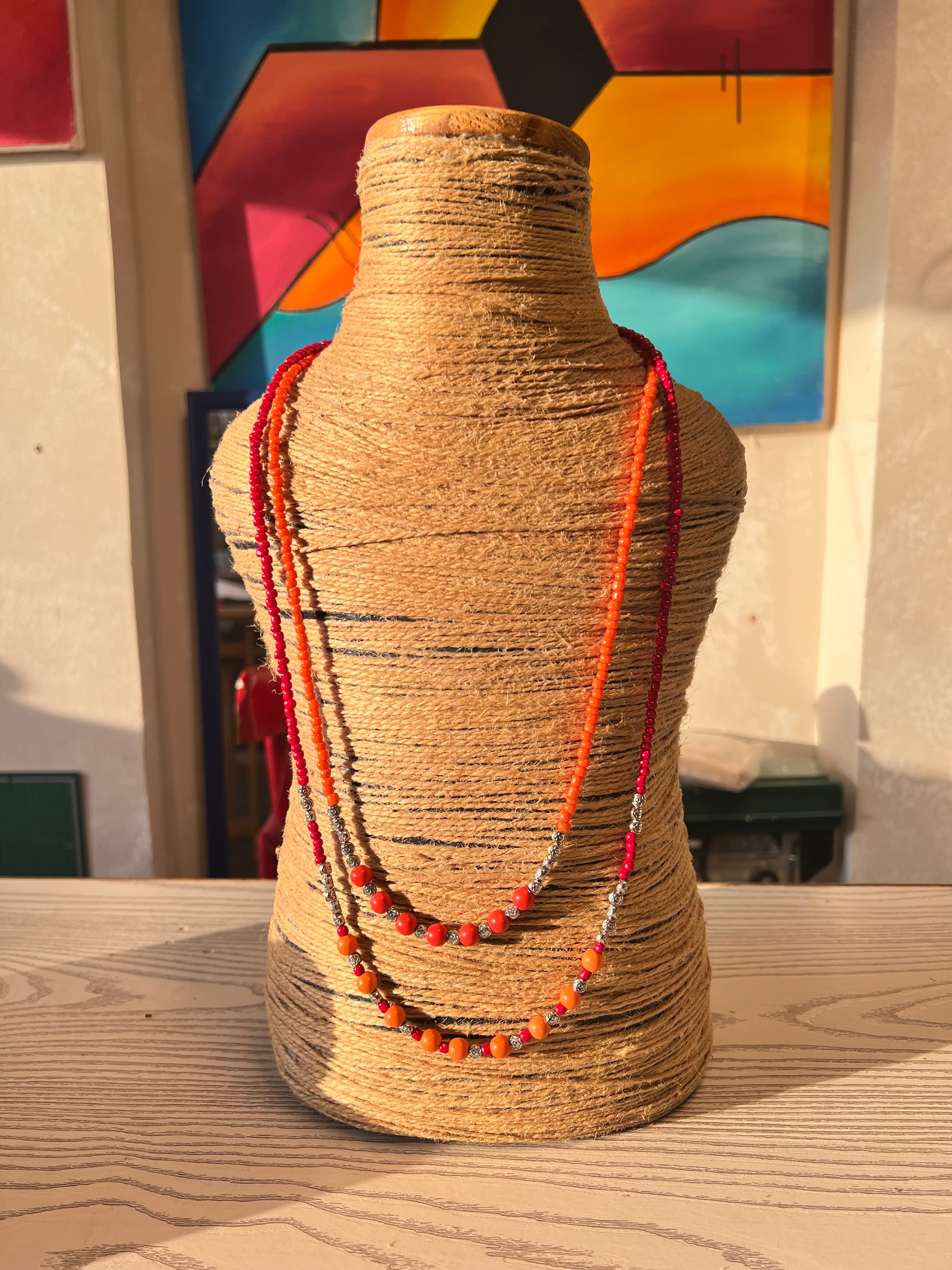 red and orange double layered beaded necklace