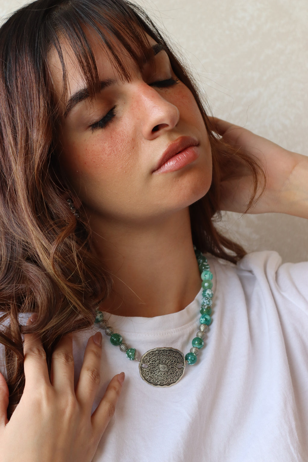 Green Agate Silver Mandala Necklace | J144