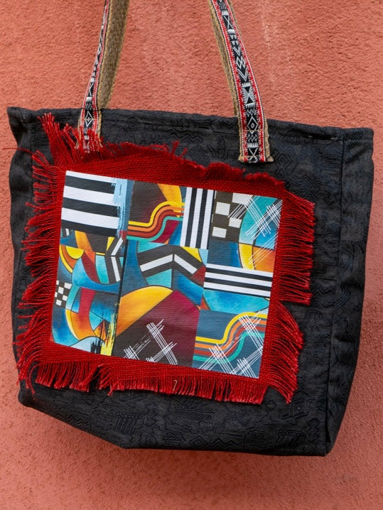 brown printed handbag