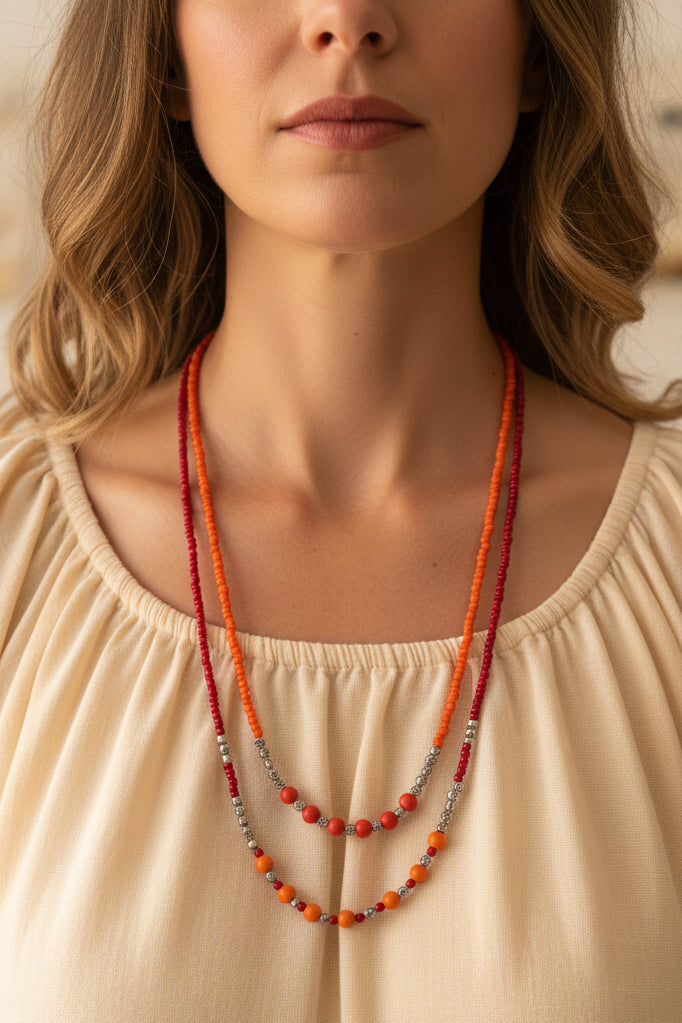 red and orange double layered beaded necklace