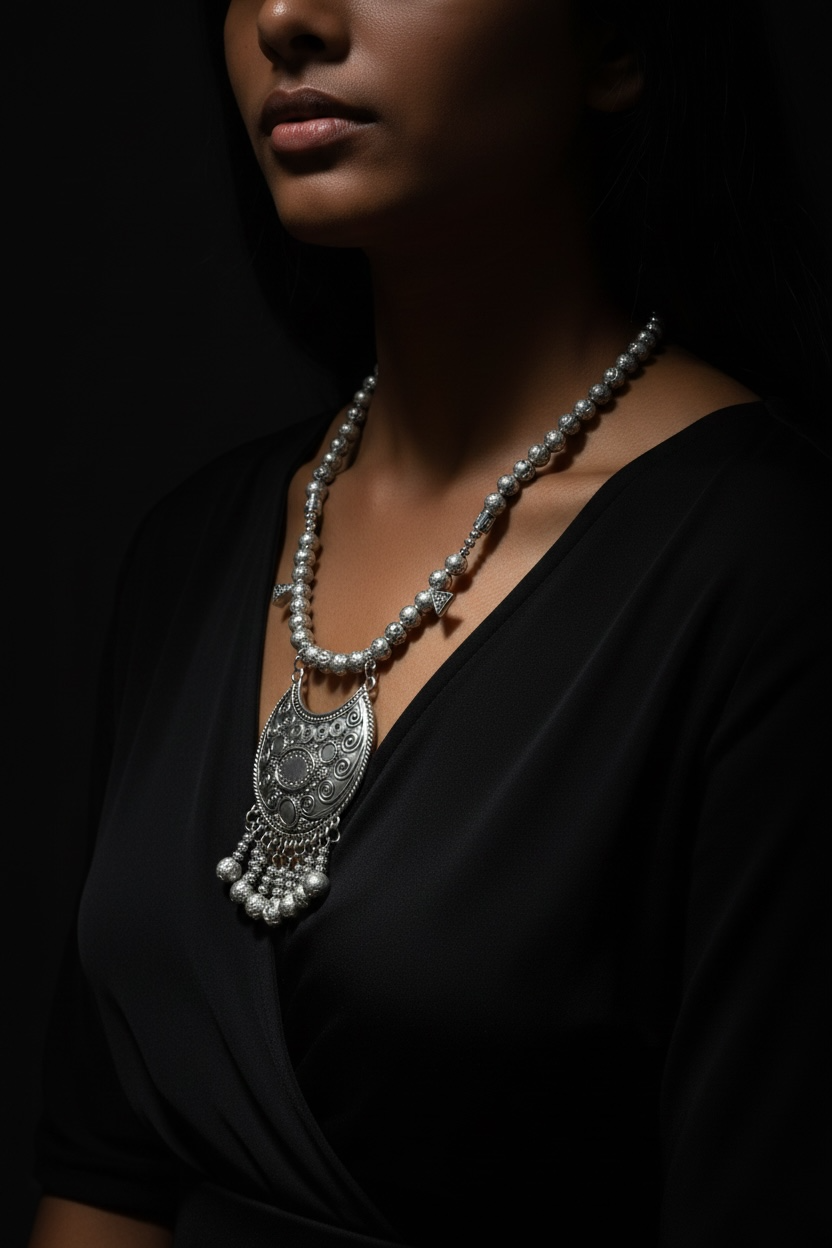 silver lava necklace with silver Tone pendant | J251