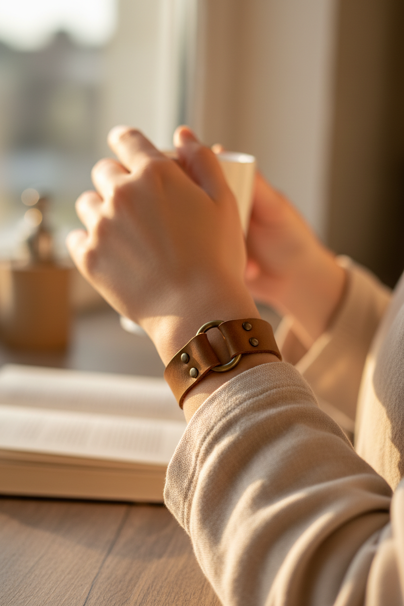 Brown natural leather bracelet with studs
