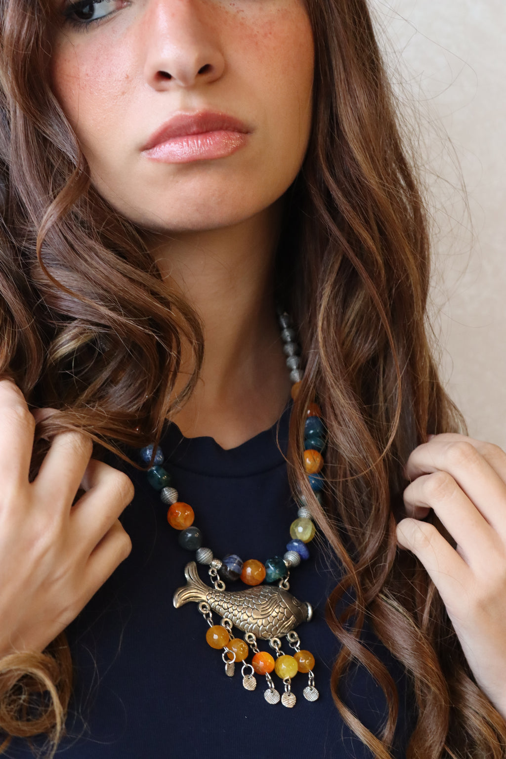 Orange and blue Agate Stones with silver Fish Pendant Necklace  | Handmade jewelry