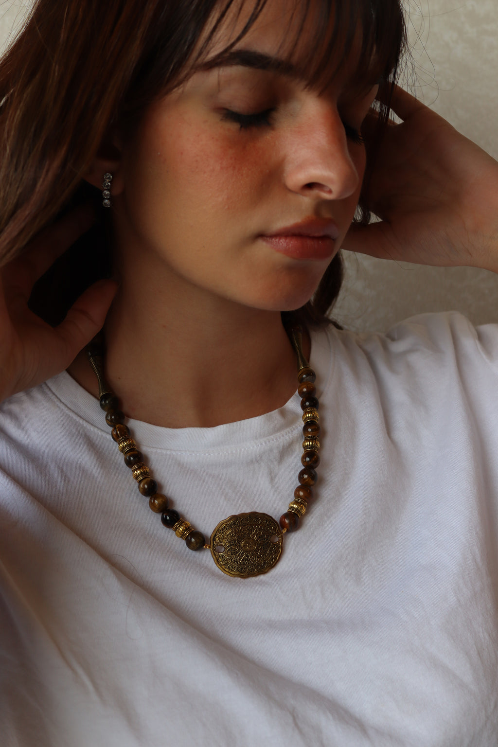 Brown Agate Stones with Round Bronze Mandala Pendant Necklace | Handmade jewelry
