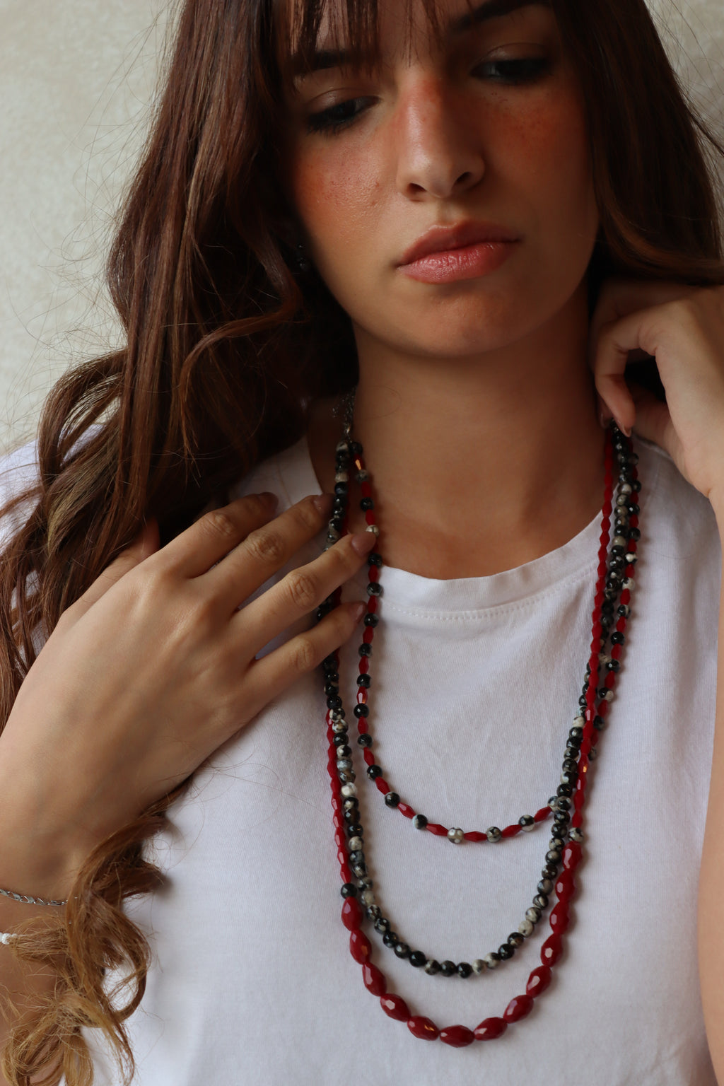 Black Agate and Red Crystal Triple-Layered Necklace | Handmade jewelry