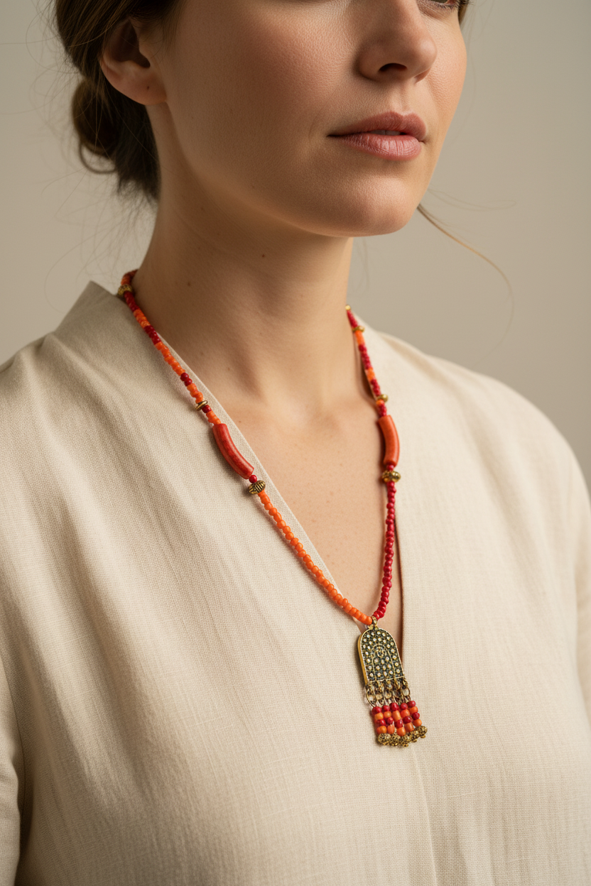orange and red beaded necklace
