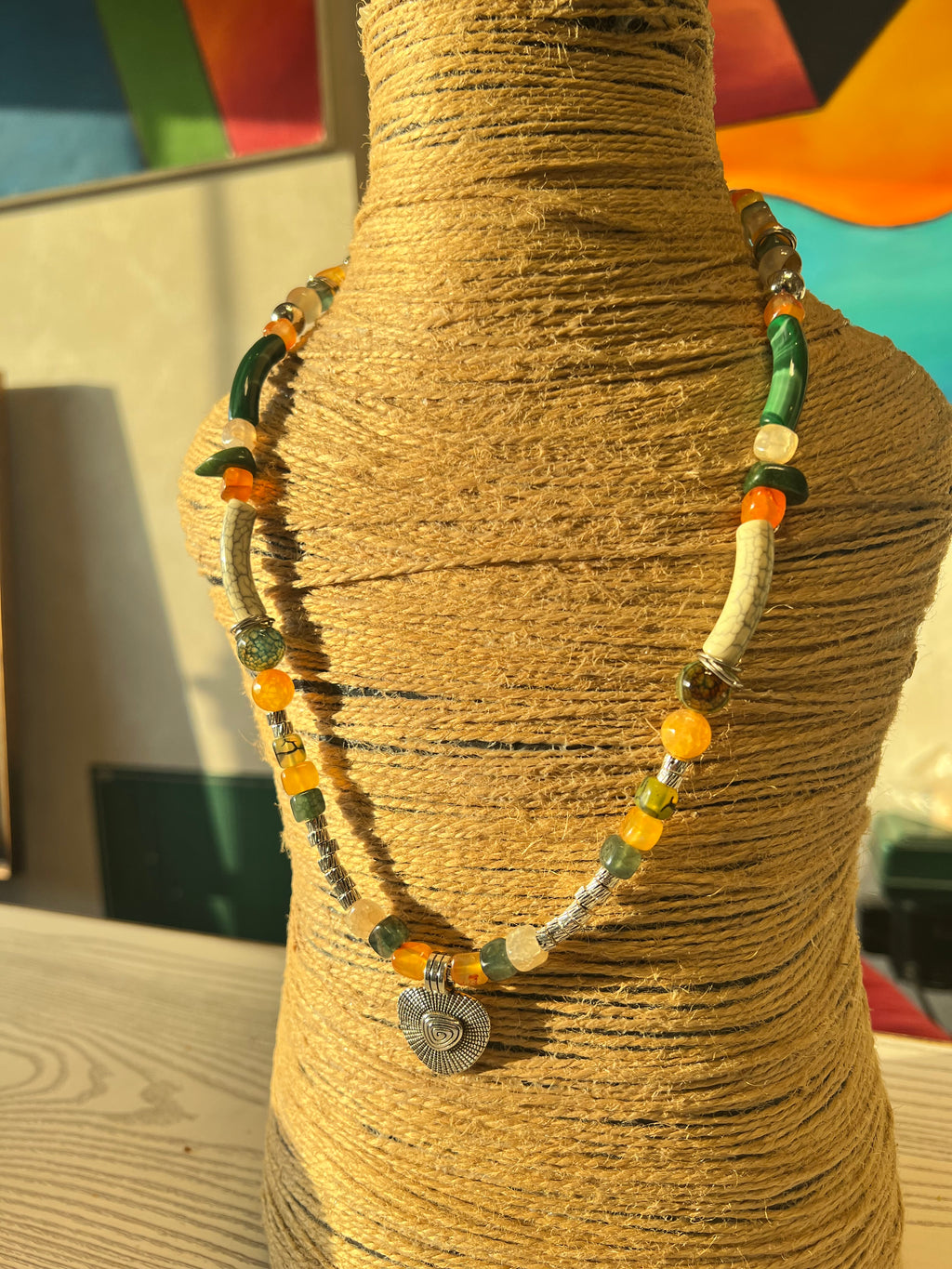 green and orange agate necklace J292