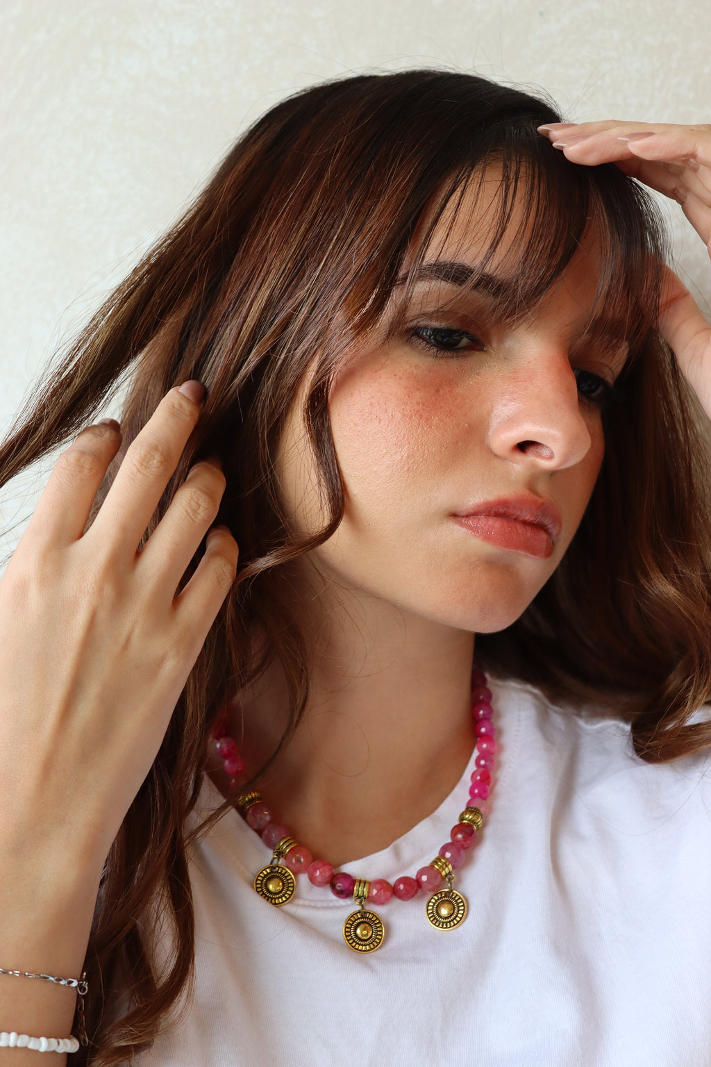 Pink Agate with coin pendants choker necklace | Handmade jewelry