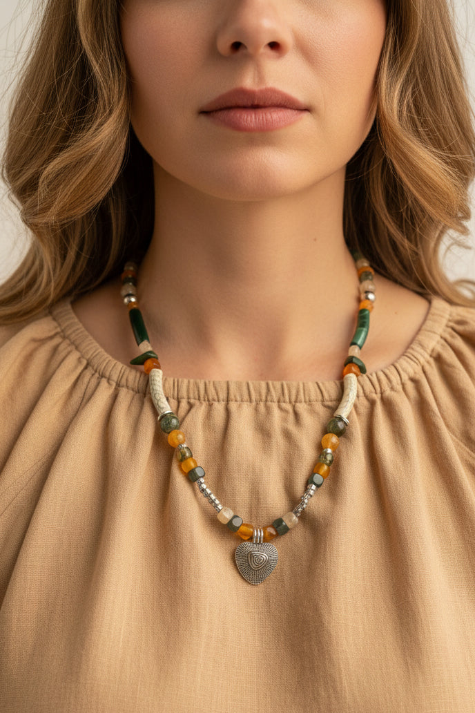 green and orange agate necklace J292