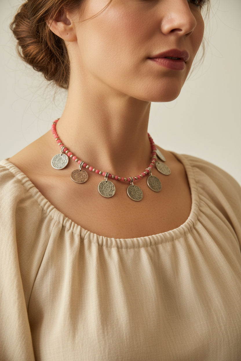 pink agate necklace with silver coins