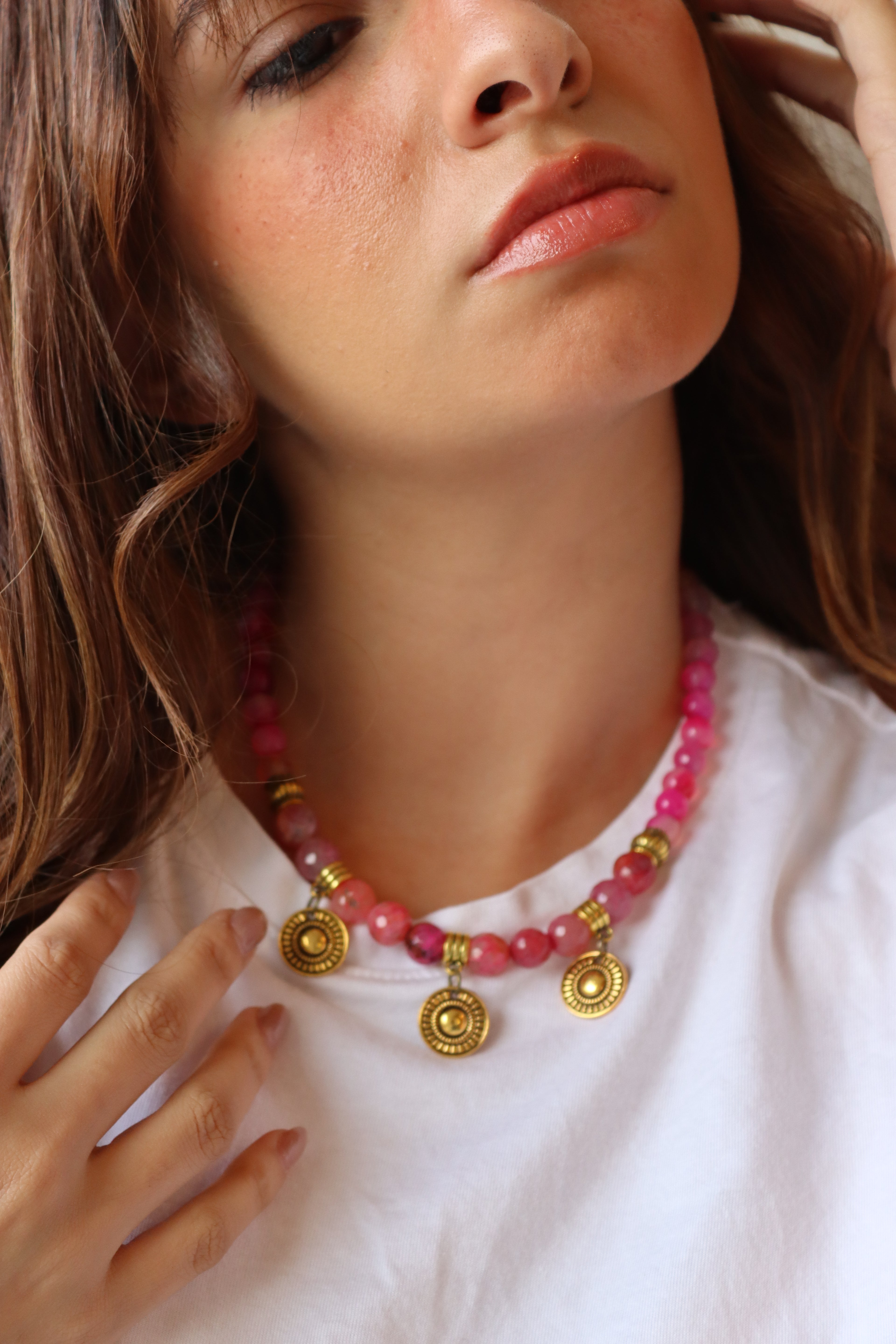 Pink Agate with coin pendants choker necklace | Handmade jewelry