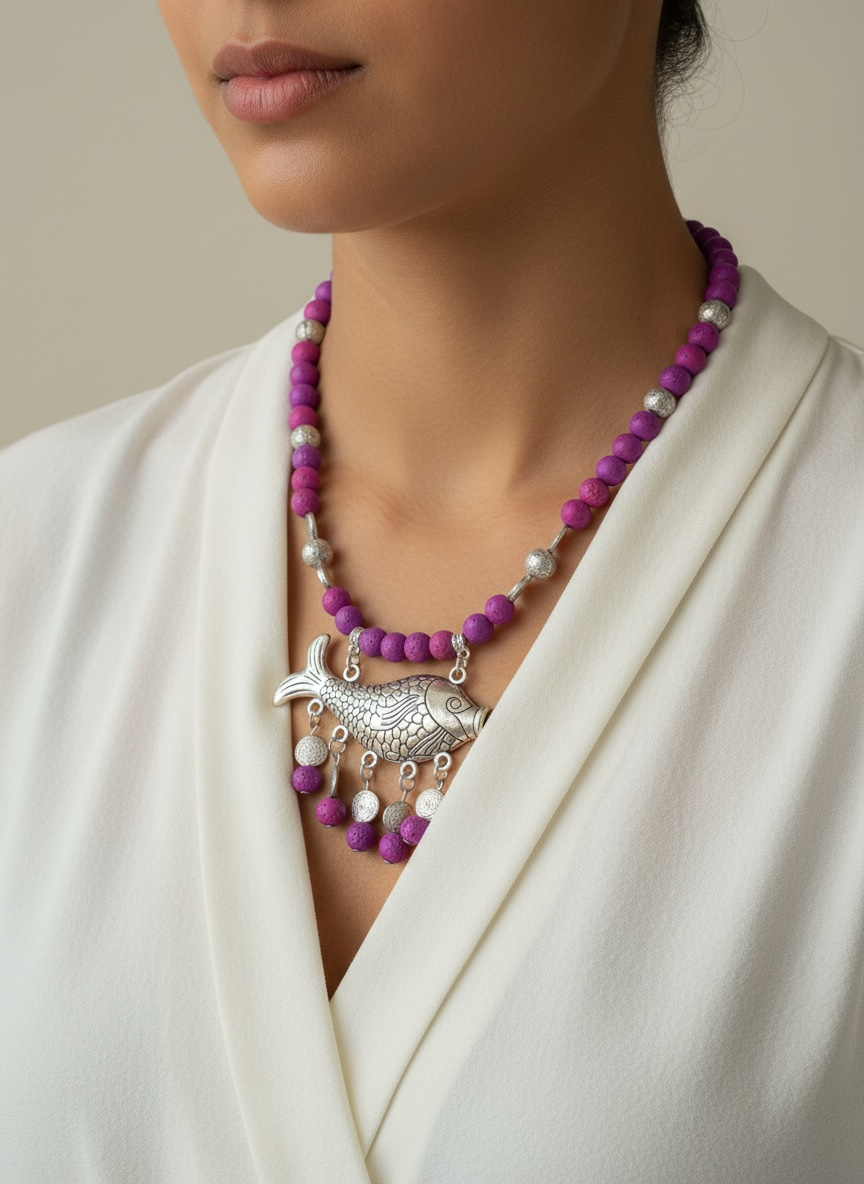 purple lava necklace with silver fish pendant | J248