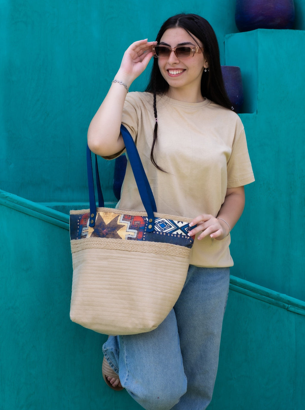 Beige Fabric Handbag With a Blue Pattern