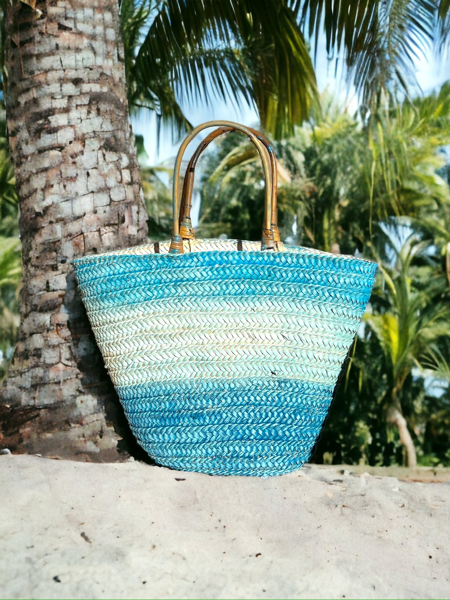 Sea Blue x White Wicker Bag