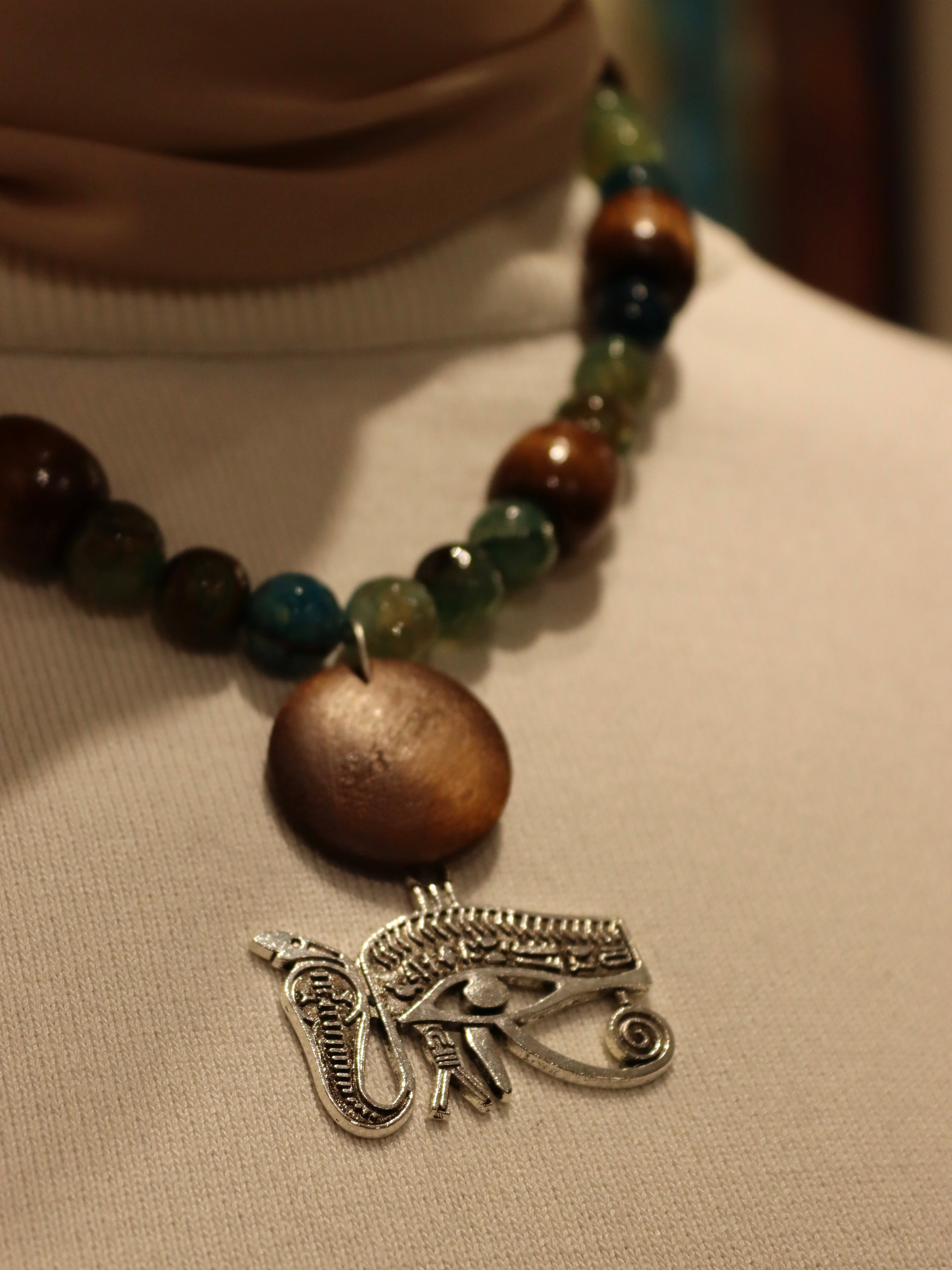 Eye of Kemet - handmade boho agate and wood necklace | Egyptian inspired