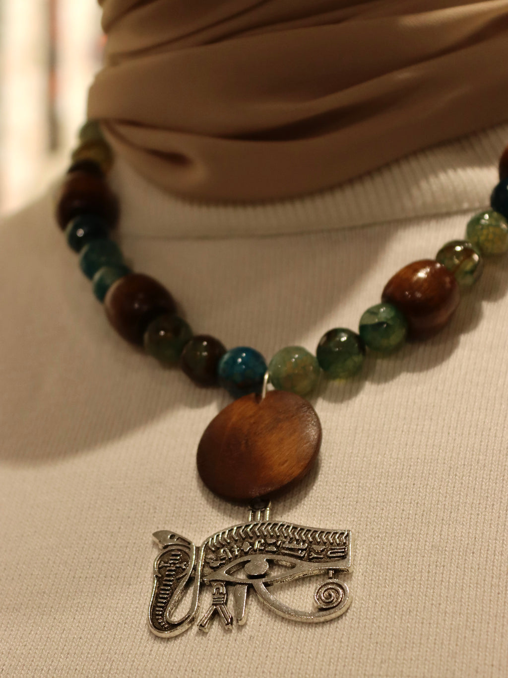 Eye of Kemet - handmade boho agate and wood necklace | Egyptian inspired