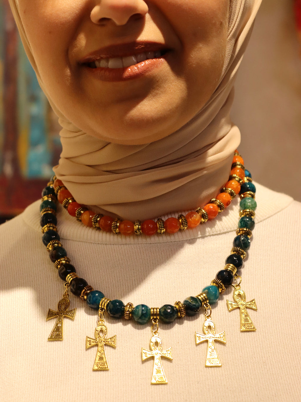 Twin Ankhs - Handmade agate stones necklace set | Egyptian inspired