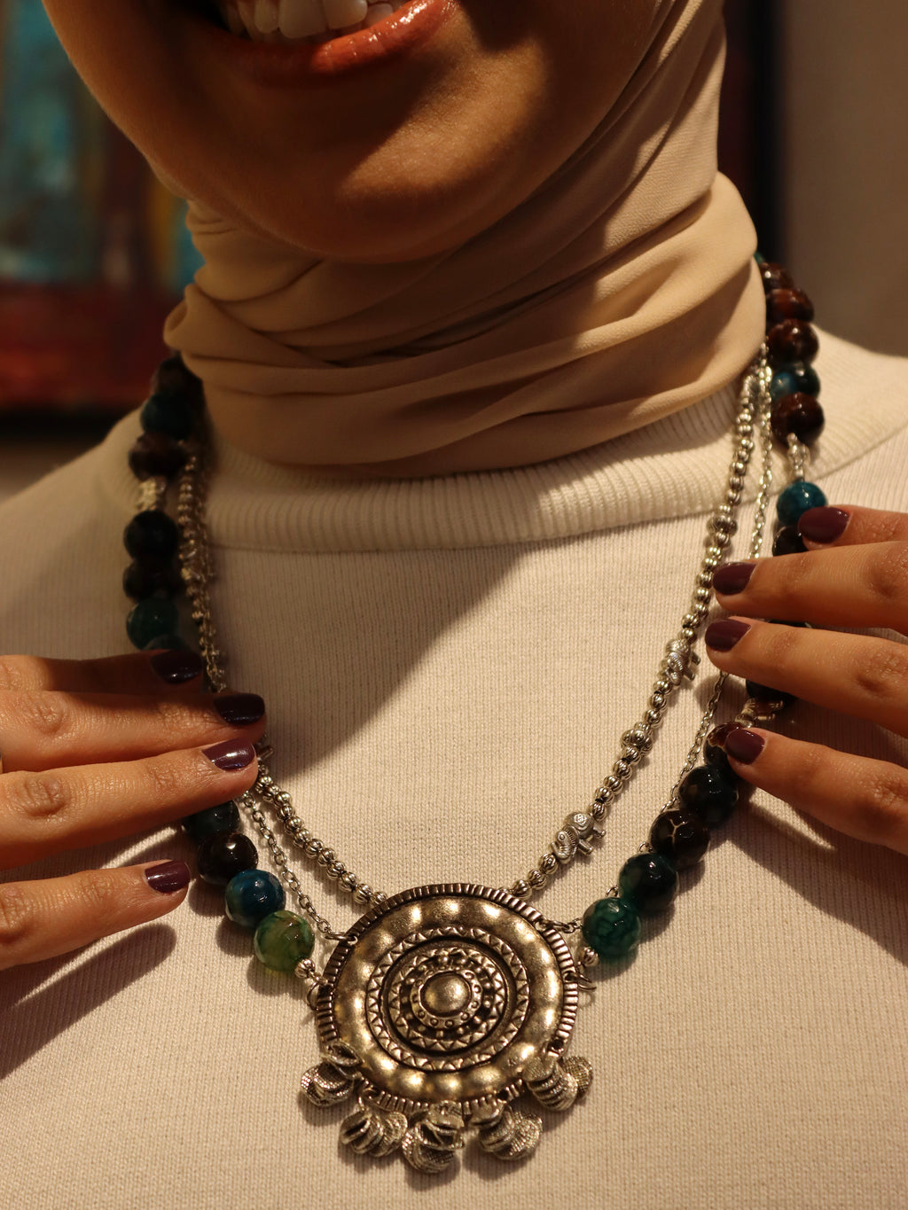 Layered Handmade Necklace with Natural Agate Stones and silver accents