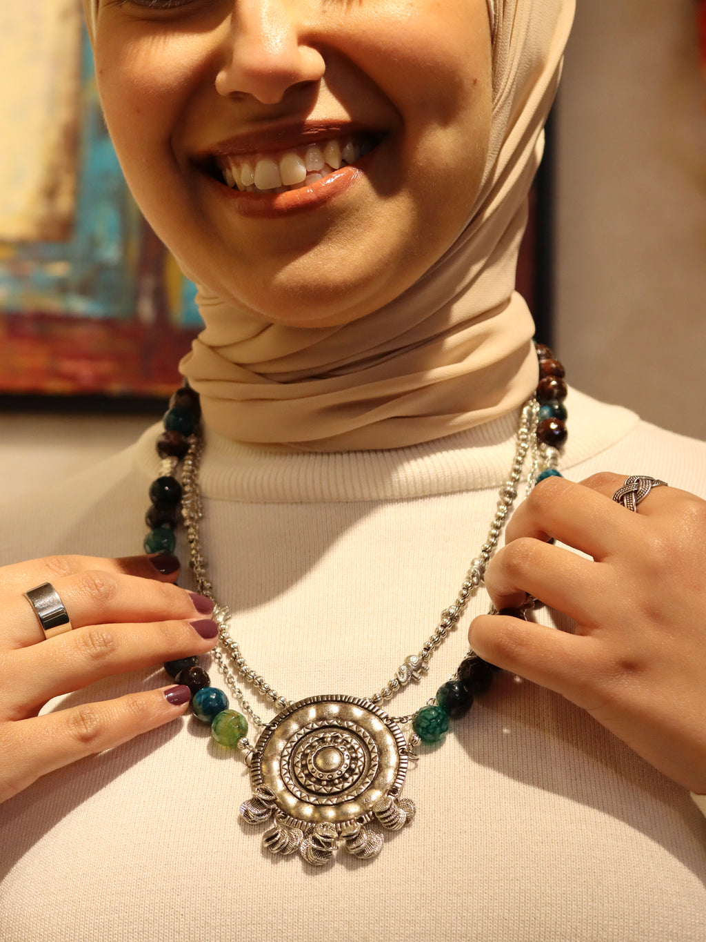 Layered Handmade Necklace with Natural Agate Stones and silver accents