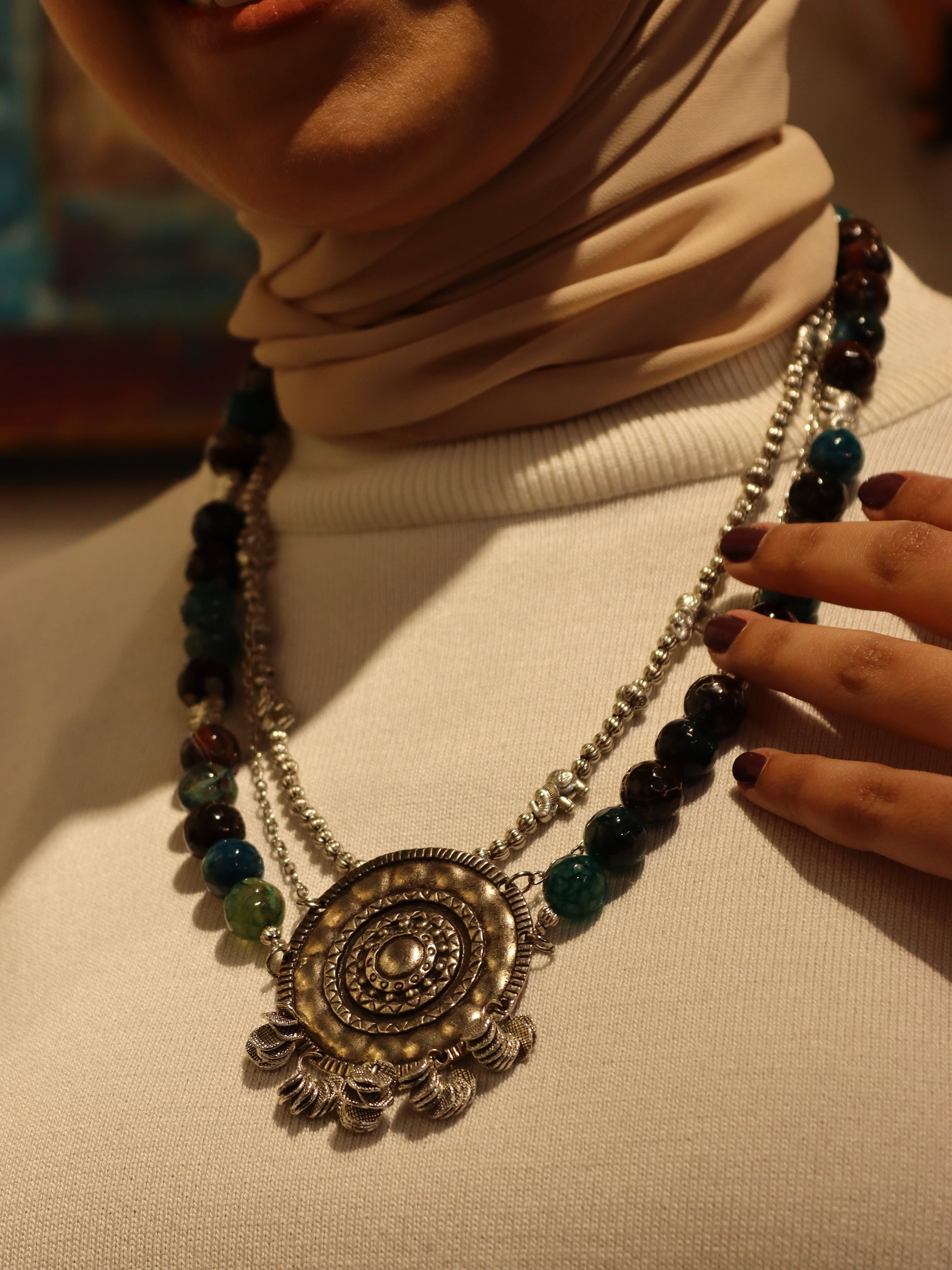 Layered Handmade Necklace with Natural Agate Stones and silver accents
