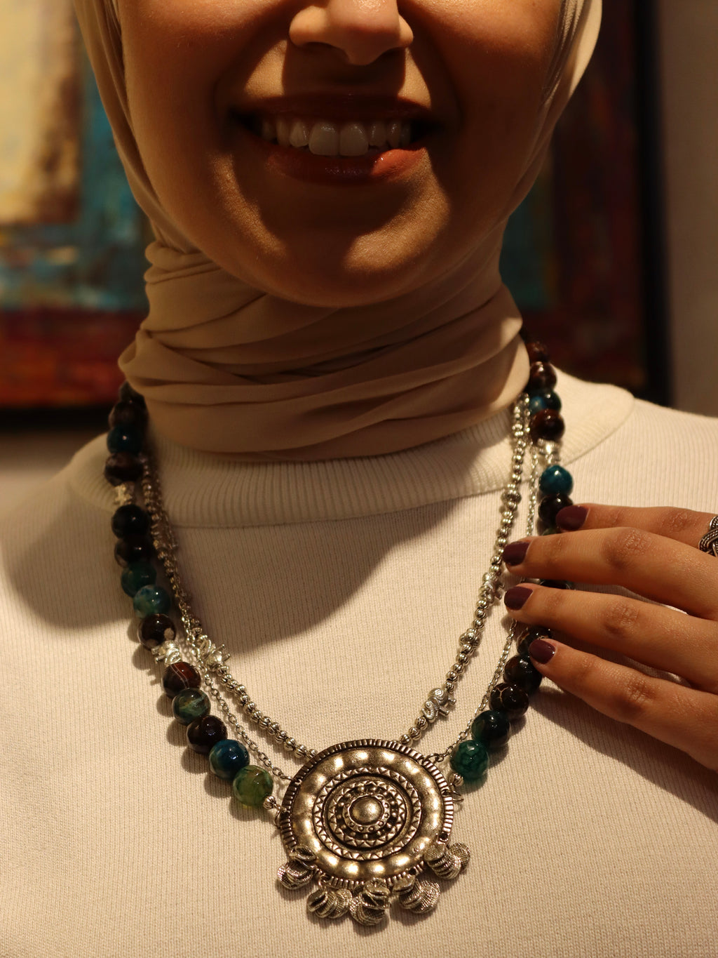 Layered Handmade Necklace with Natural Agate Stones and silver accents