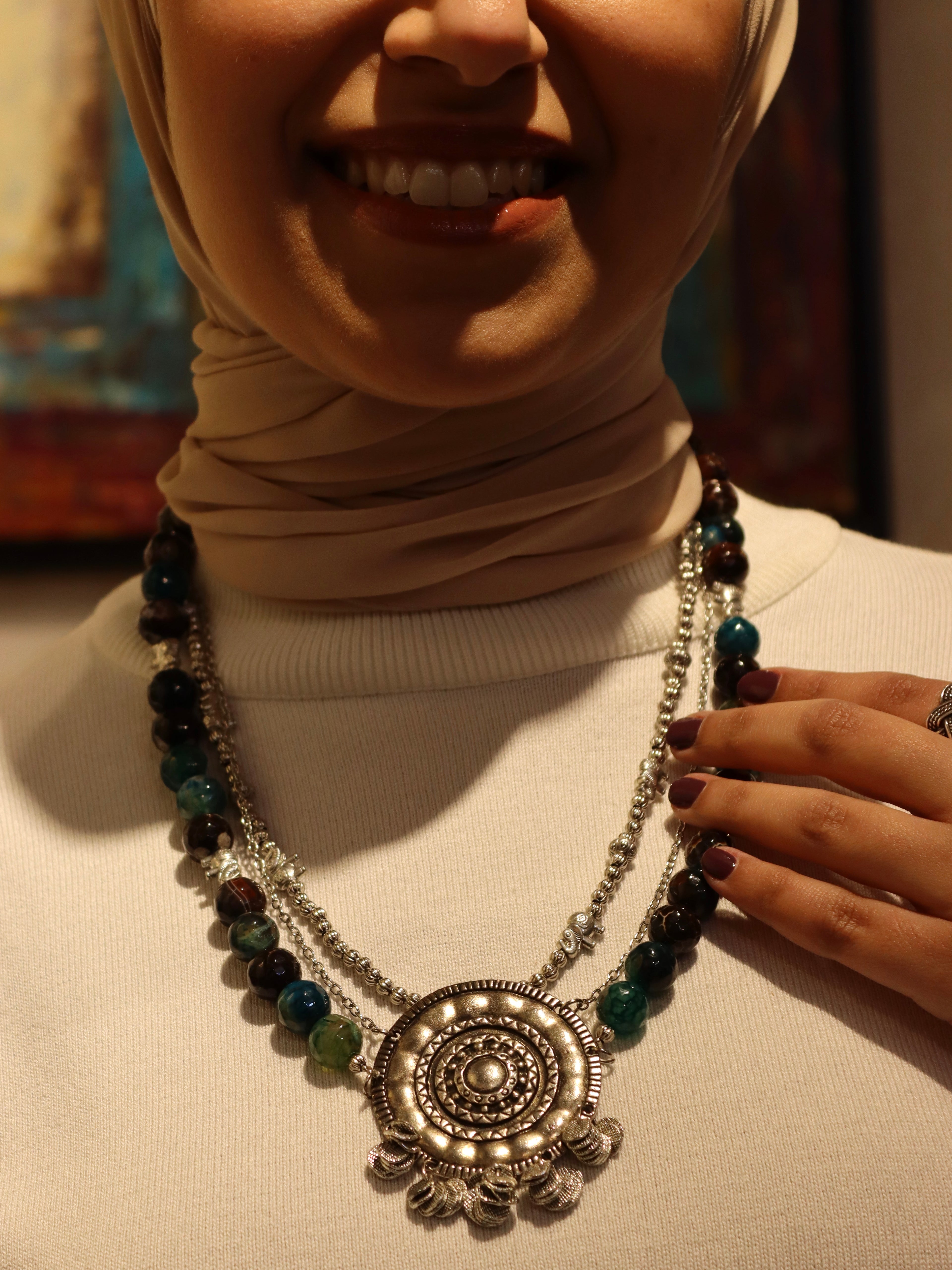 Layered Handmade Necklace with Natural Agate Stones and silver accents