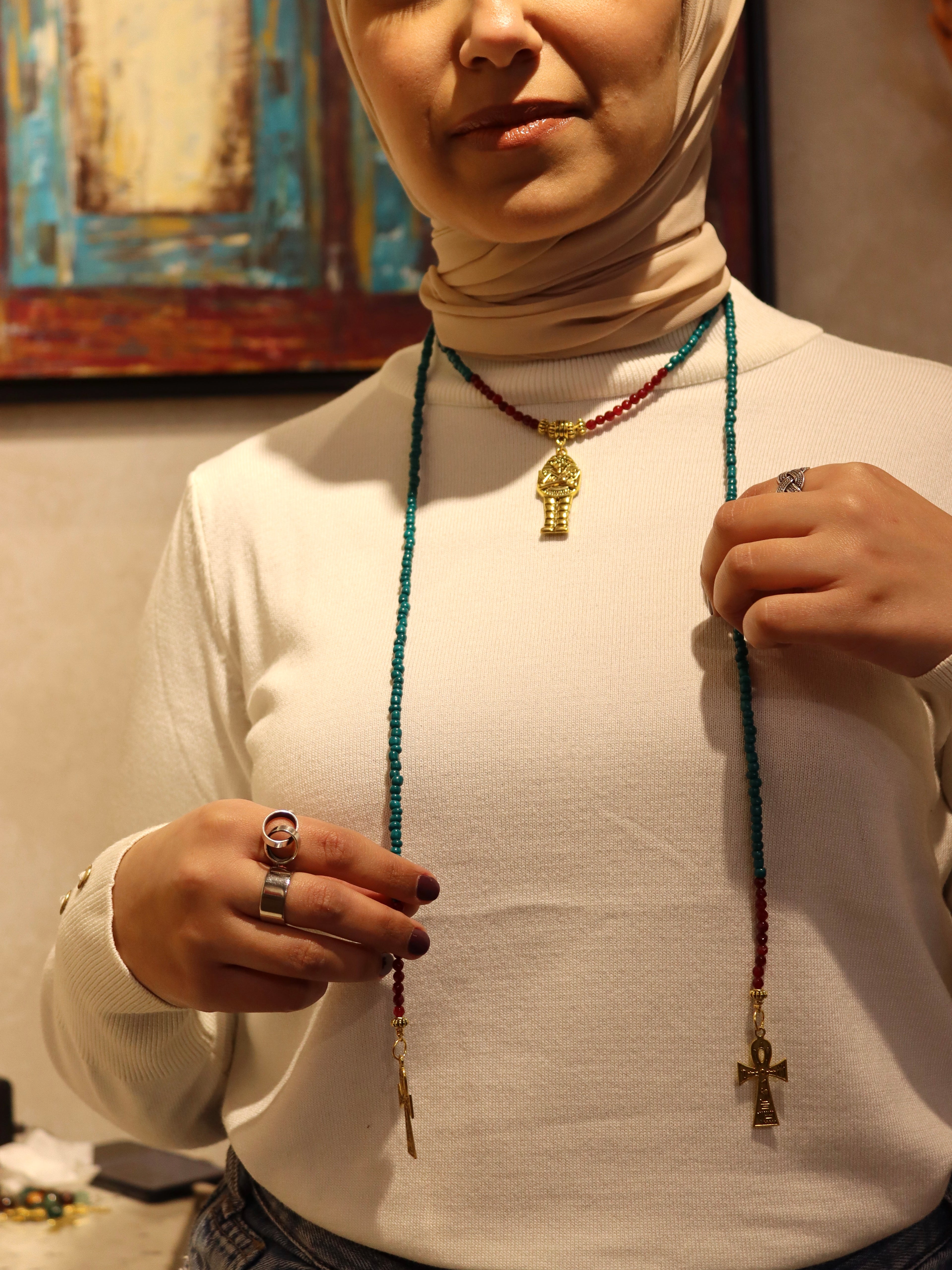 Handmade Wrap beaded necklace with gold accents | Egyptian inspired