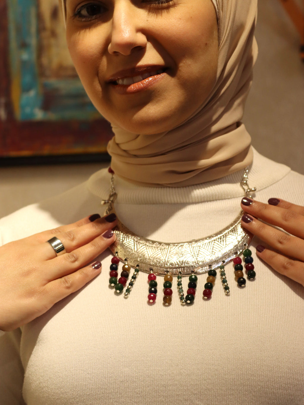 Statement silver necklace with Multi colored Agate Stones | Handmade jewelry
