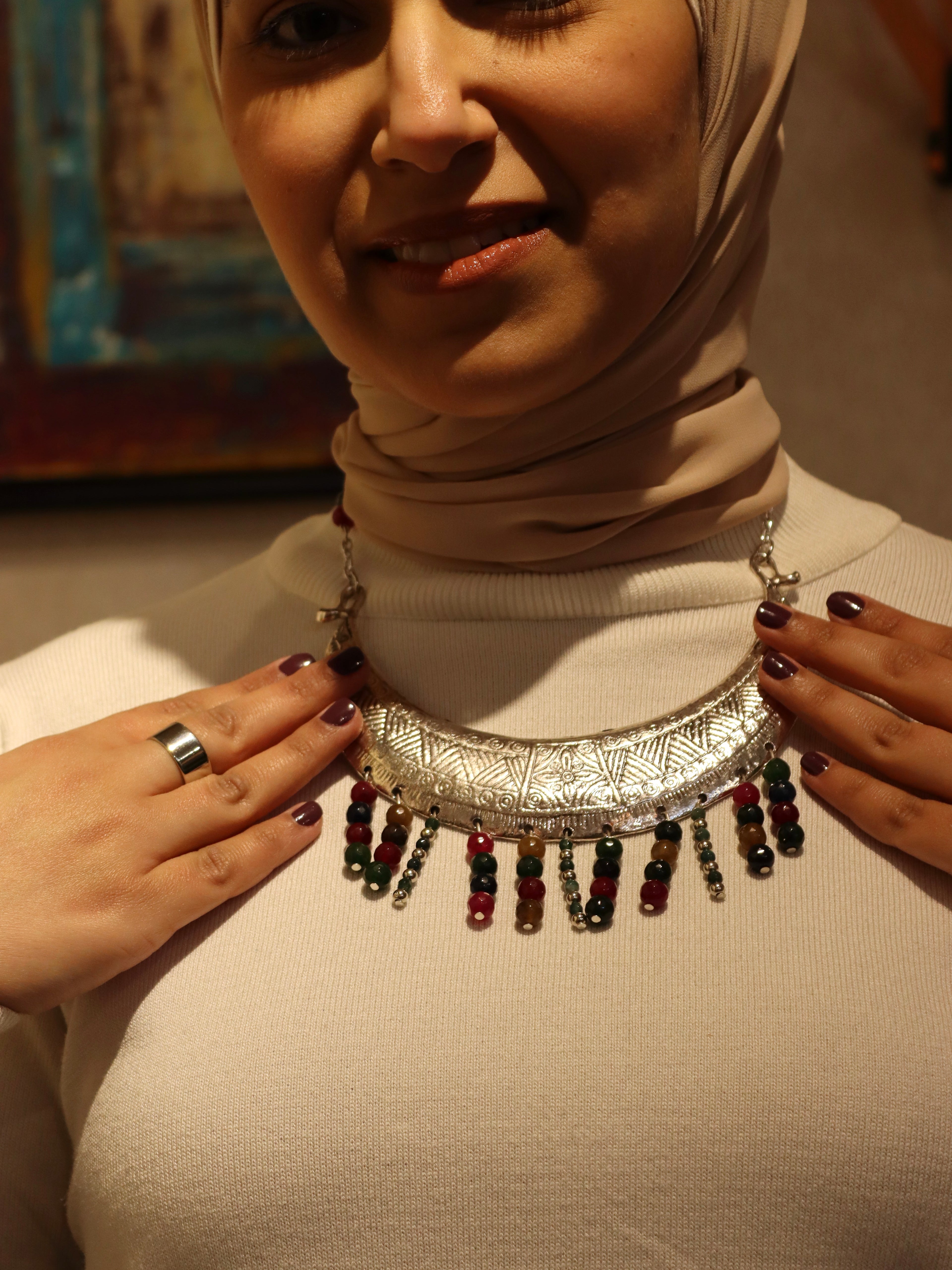 Statement silver necklace with Multi colored Agate Stones | Handmade jewelry