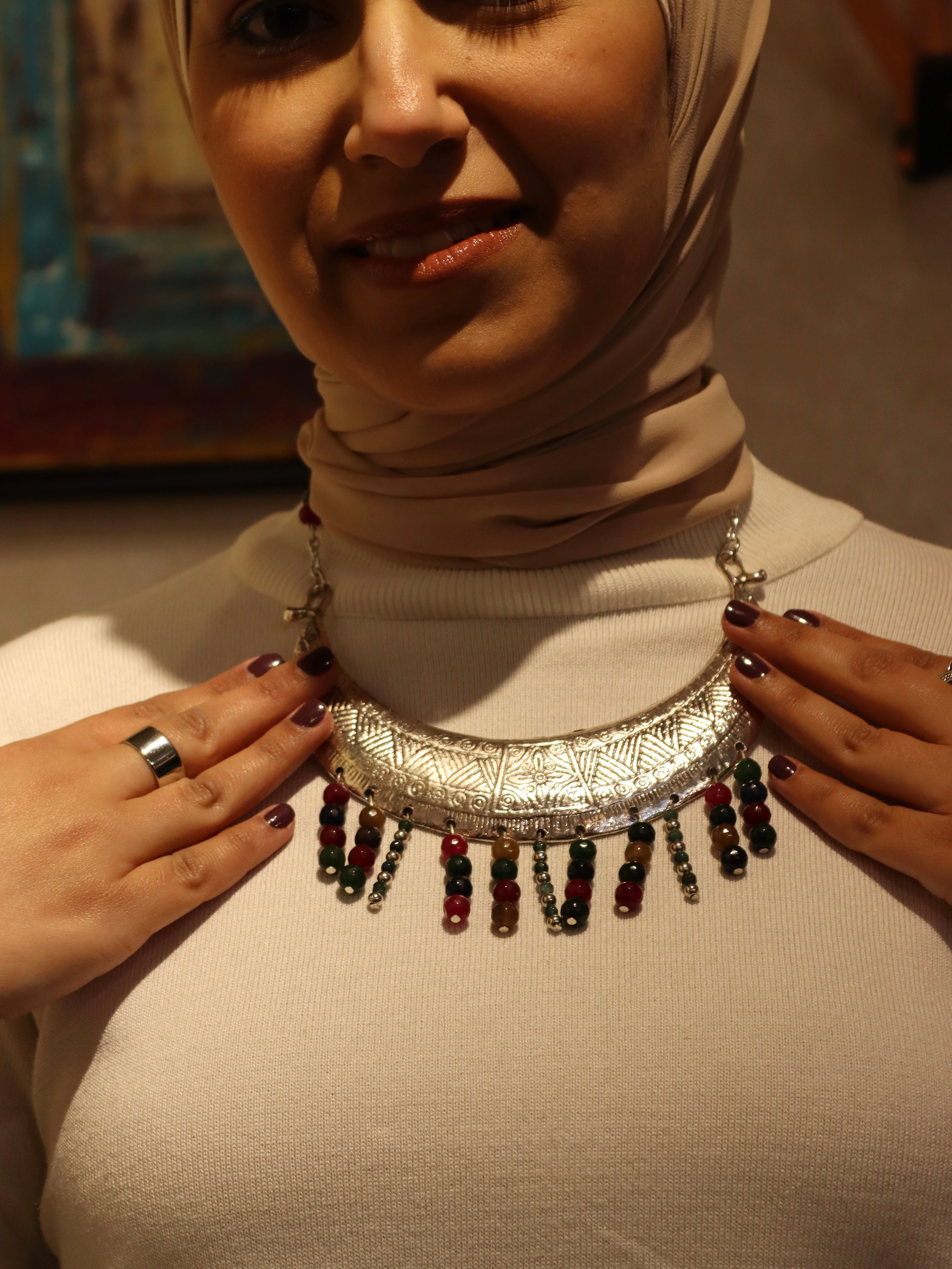 Statement silver necklace with Multi colored Agate Stones | Handmade jewelry