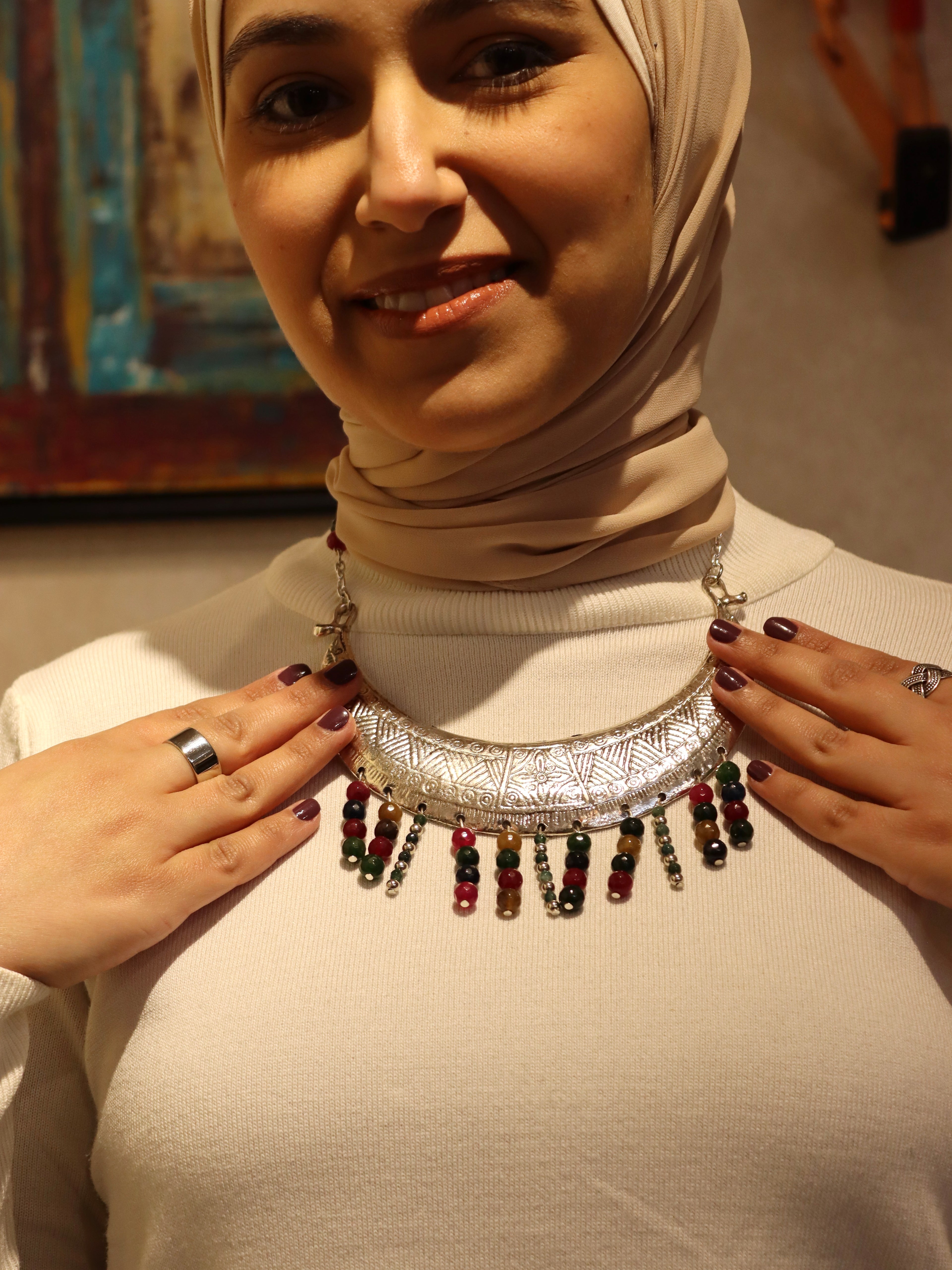 Statement silver necklace with Multi colored Agate Stones | Handmade jewelry