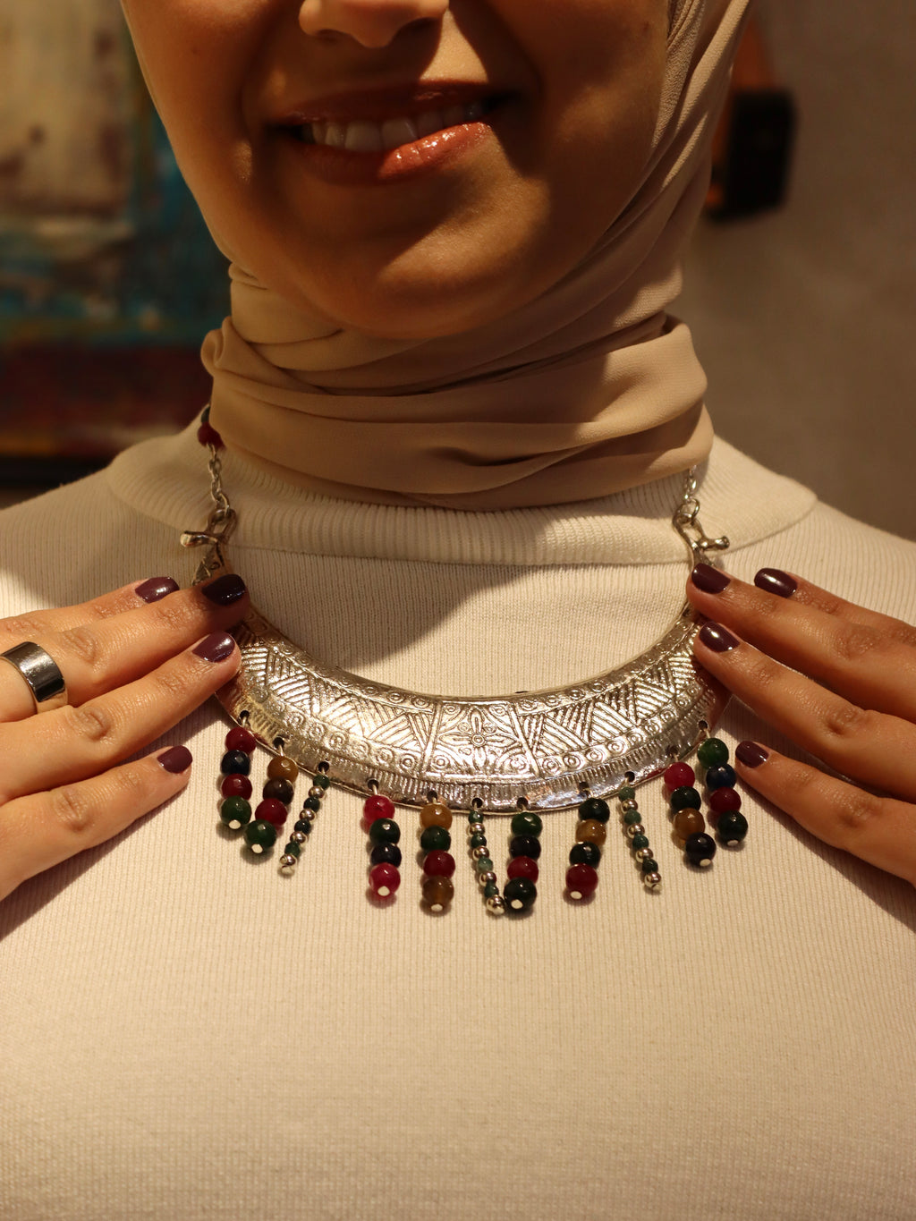 Statement silver necklace with Multi colored Agate Stones | Handmade jewelry