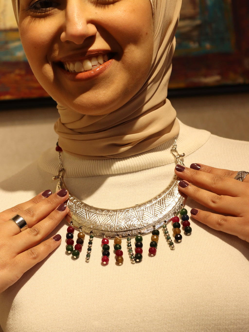Statement silver necklace with Multi colored Agate Stones | Handmade jewelry