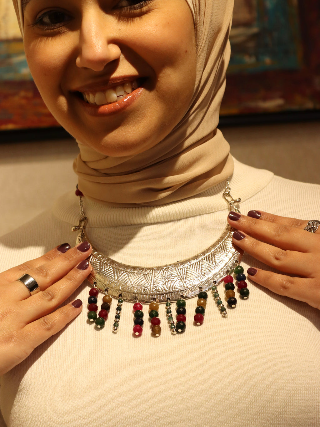 Statement silver necklace with Multi colored Agate Stones | Handmade jewelry