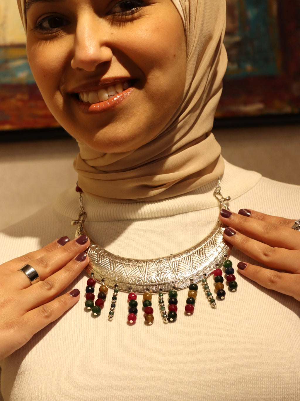 Statement silver necklace with Multi colored Agate Stones | Handmade jewelry